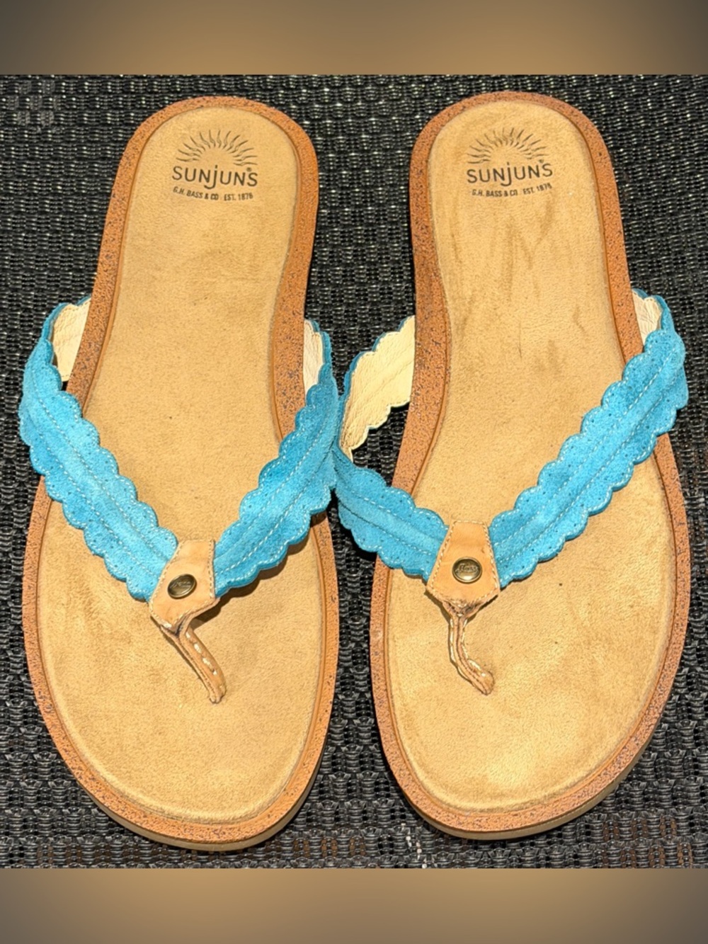 Bass Sunjuns Flip Flops Suede Brown Turquoise Size 11